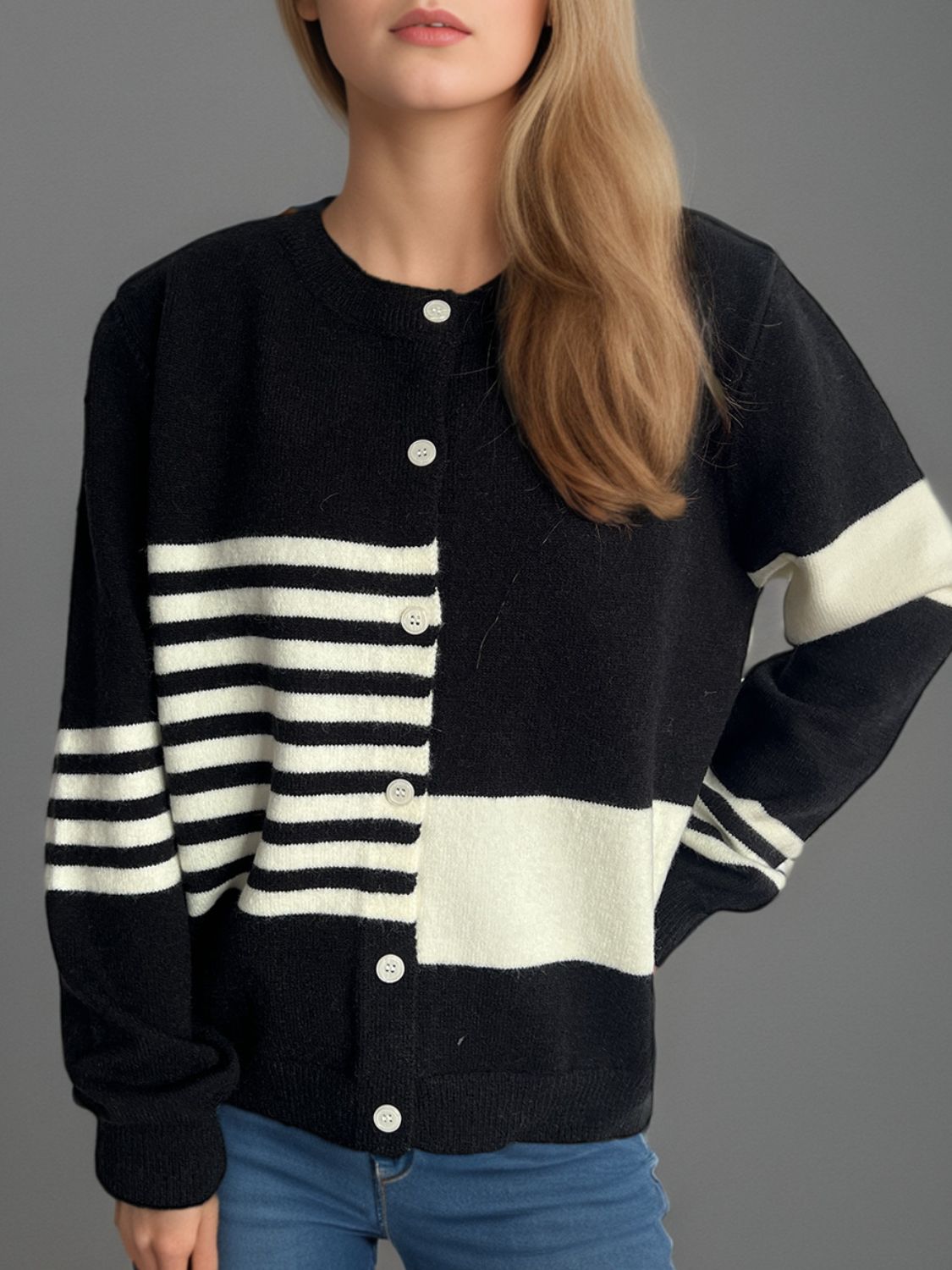 Striped Color Block Round Neck Cardigan-Angel Casuals