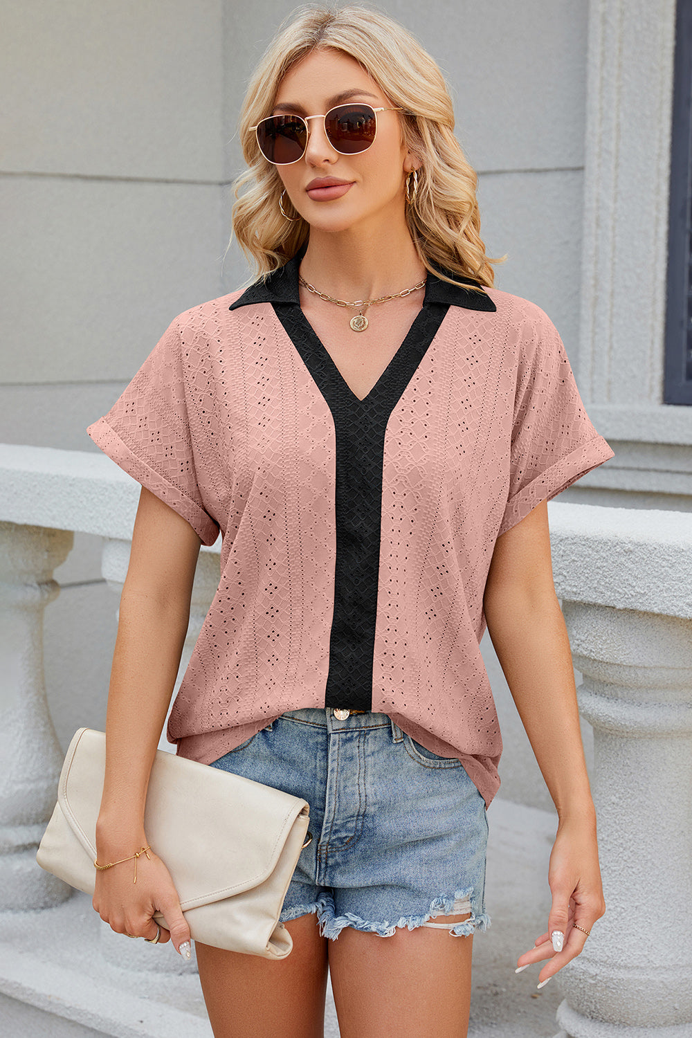 Eyelet Johnny Collar Short Sleeve T-Shirt-Angel Casuals