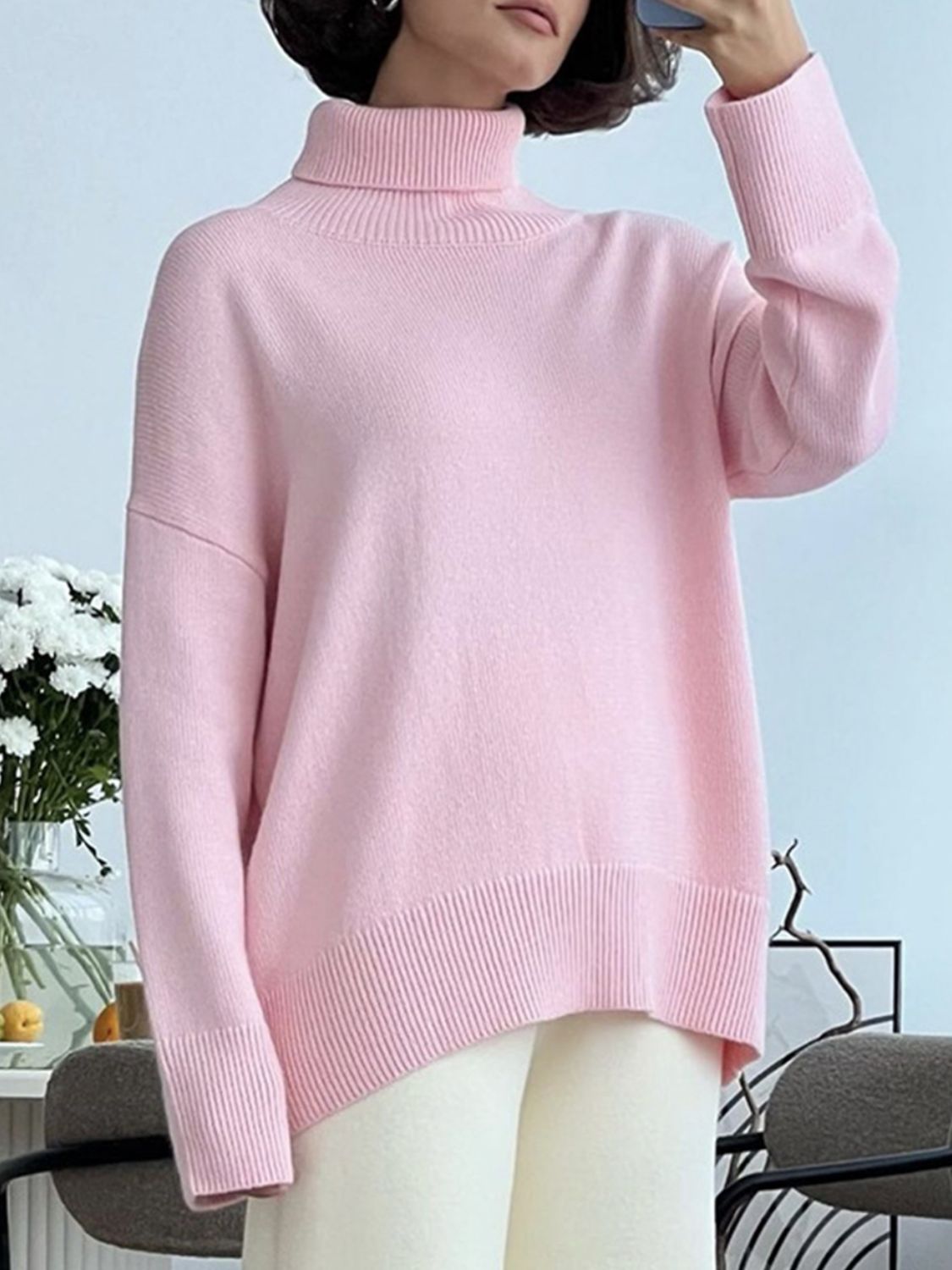 Turtleneck Drop Shoulder Long Sleeve Sweater-Angel Casuals