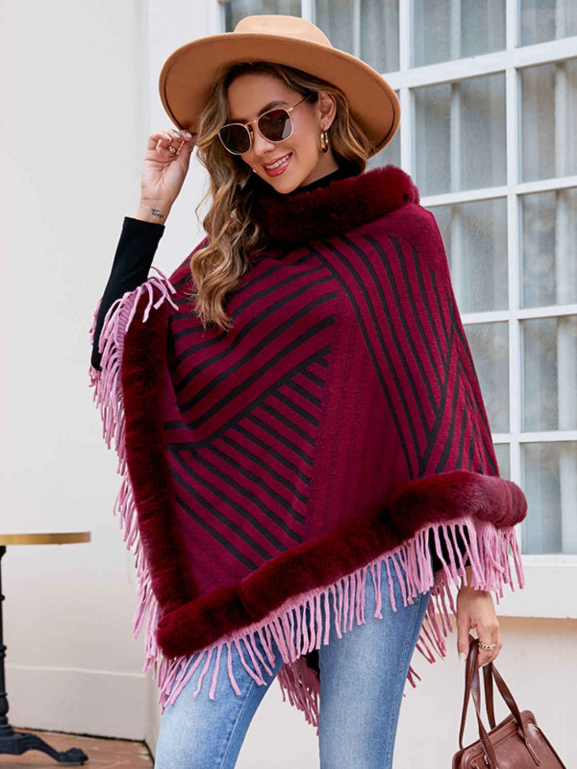 Striped Fringe Hem Poncho-Angel Casuals