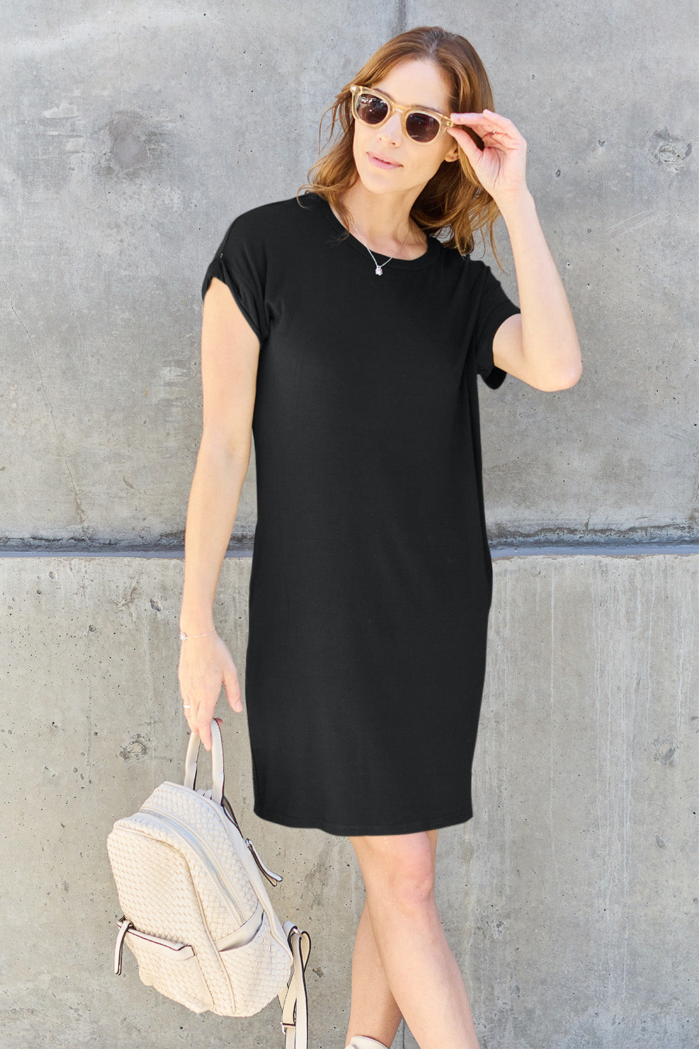 Basic Bae Full Size Round Neck Short Sleeve Dress with Pockets-Angel Casuals