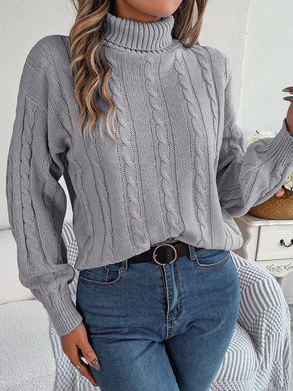 Cable-Knit Turtleneck Dropped Shoulder Sweater-Angel Casuals