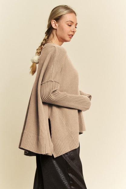 Davi & Dani Ribbed Side Slit V-Neck Sweater-Angel Casuals