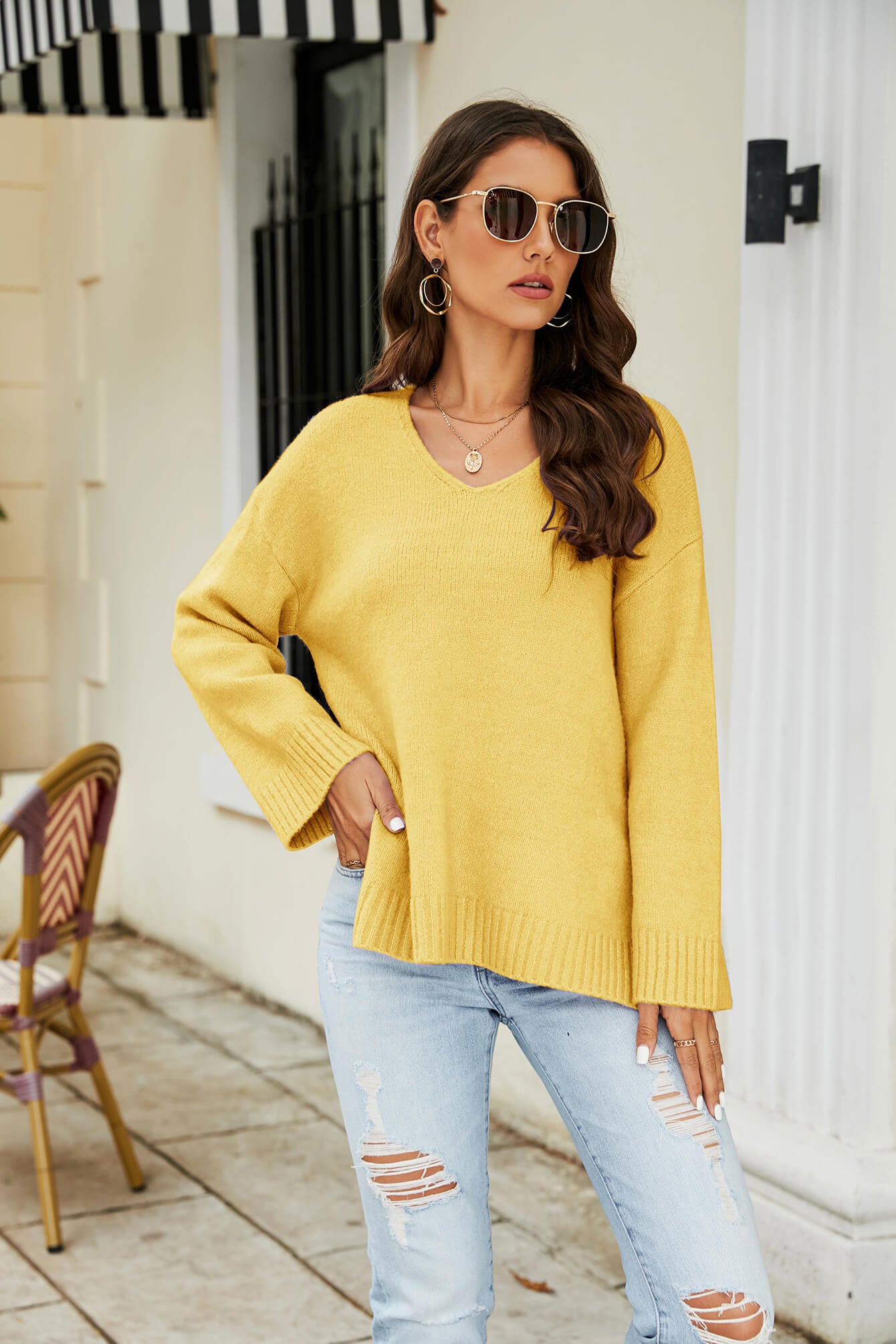 Drop Shoulder V-Neck Knit Pullover-Angel Casuals