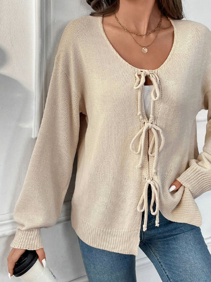 Perfee Tied Round Neck Long Sleeve Cardigan-Angel Casuals