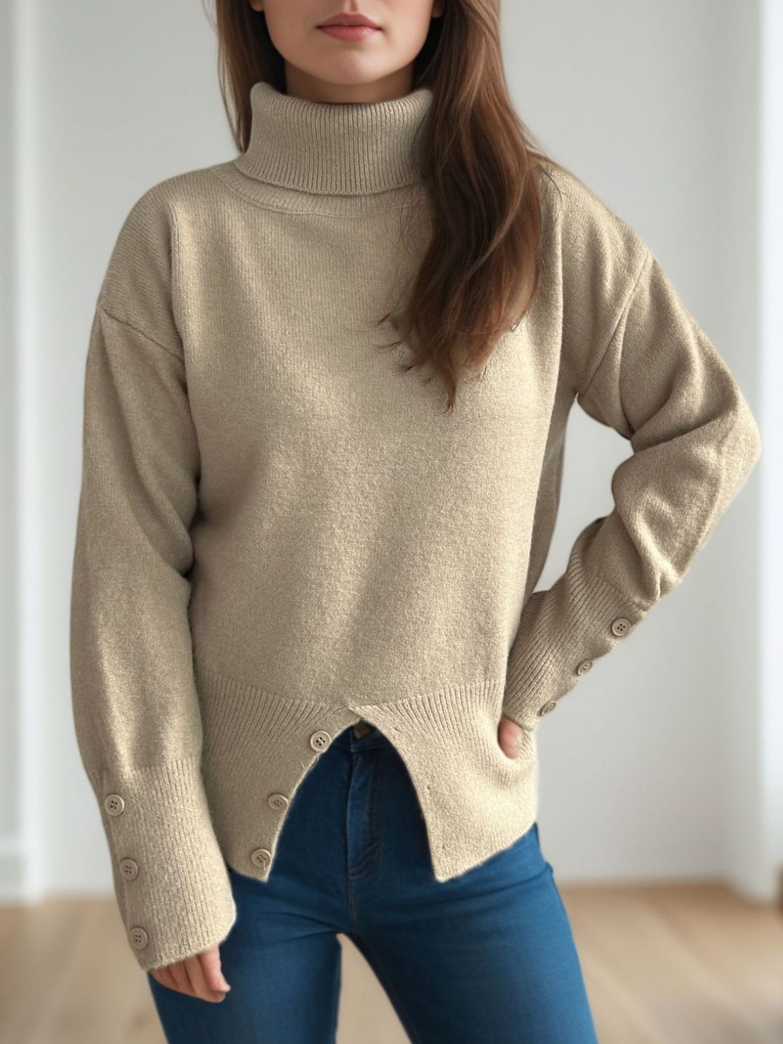 Front Slit Decorative Button Turtleneck Sweater-Angel Casuals