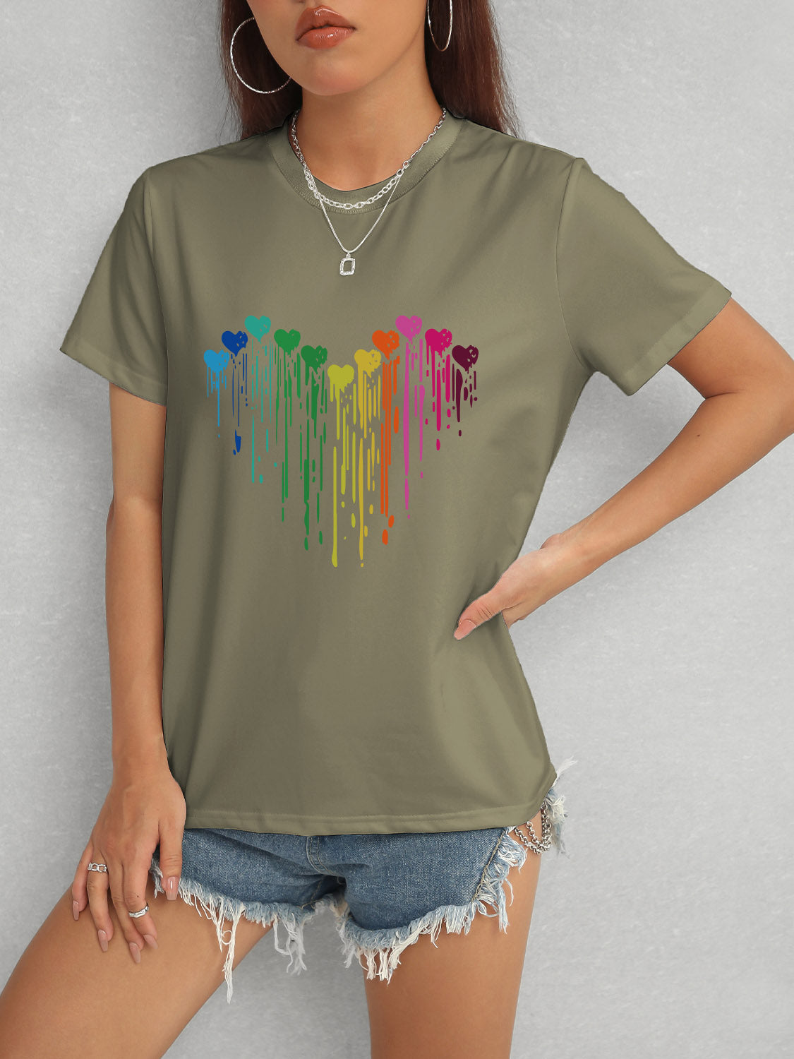 Heart Round Neck Short Sleeve T-Shirt-Angel Casuals