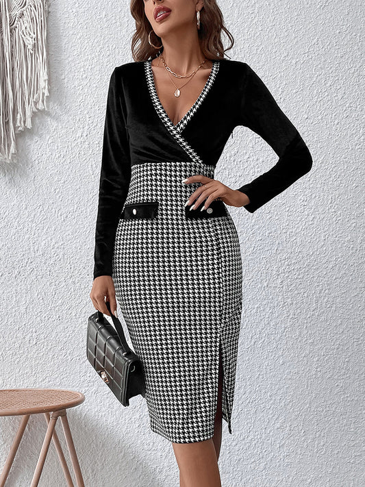 Surplice Neck Houndstooth Dress-Angel Casuals