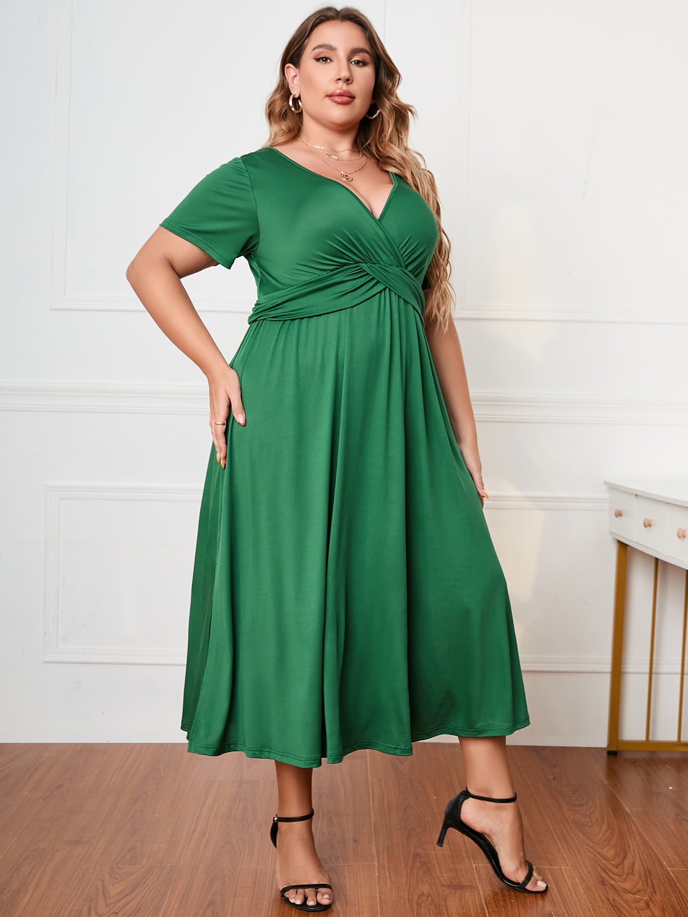 Plus Size Short Sleeve Surplice Neck Midi Dress-Angel Casuals