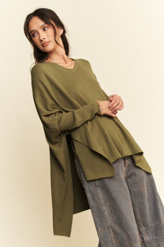 Davi & Dani High-Low Side Slit Batwing Sleeve Top-Angel Casuals