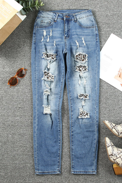 Leopard Distressed Pocketed Straight Jeans-Angel Casuals