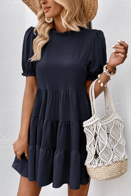 Puff Sleeve Tie Back Tiered Dress-Angel Casuals