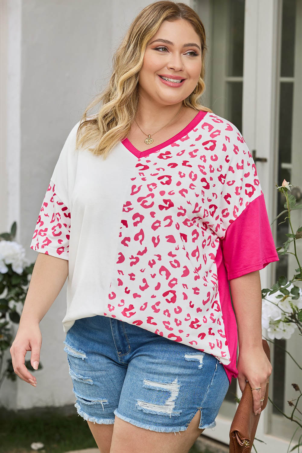 Plus Size Leopard V-Neck T-Shirt-Angel Casuals