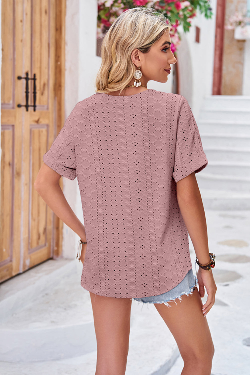 Buttoned Notched Neck Eyelet Top-Angel Casuals