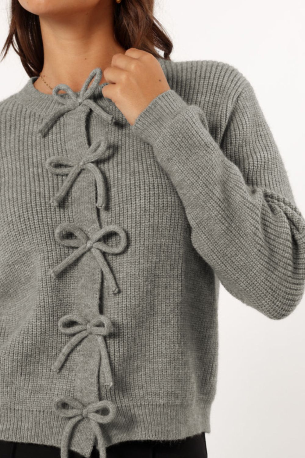 Bow Round Neck Long Sleeve Cardigan-Angel Casuals