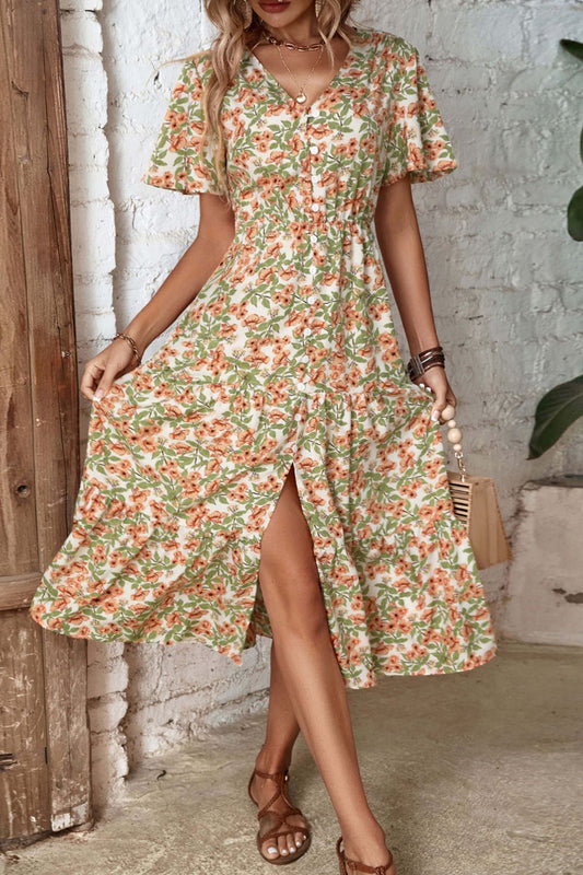 Floral V-Neck Front Slit Dress-Angel Casuals