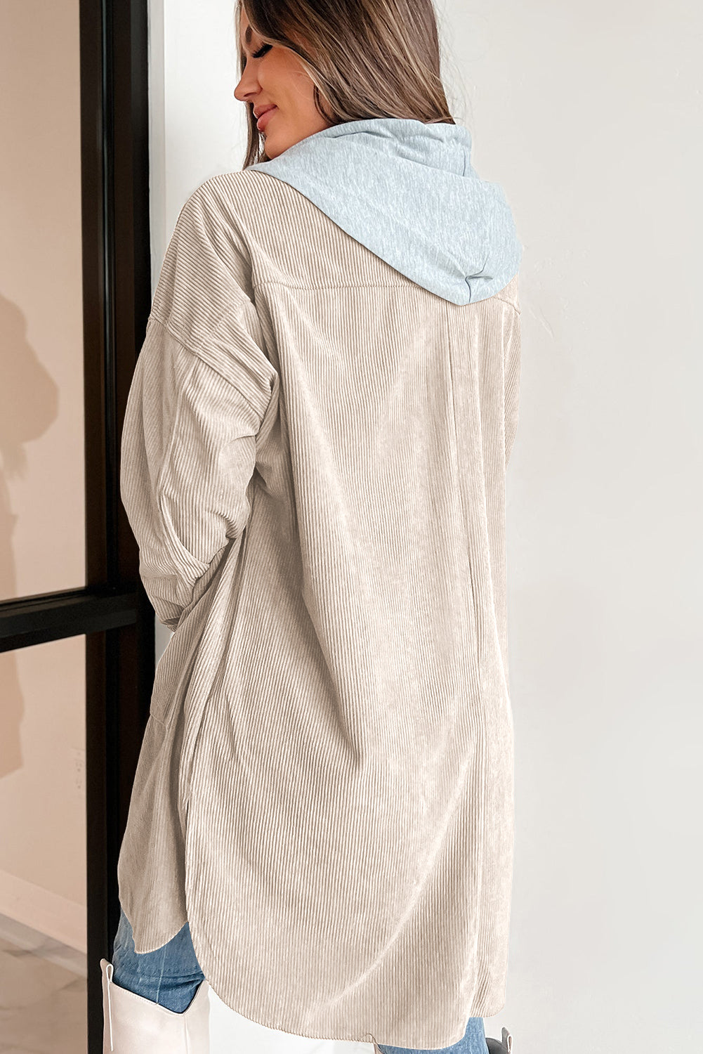 Drawstring Button Up Long Sleeve Hooded Jacket-Angel Casuals