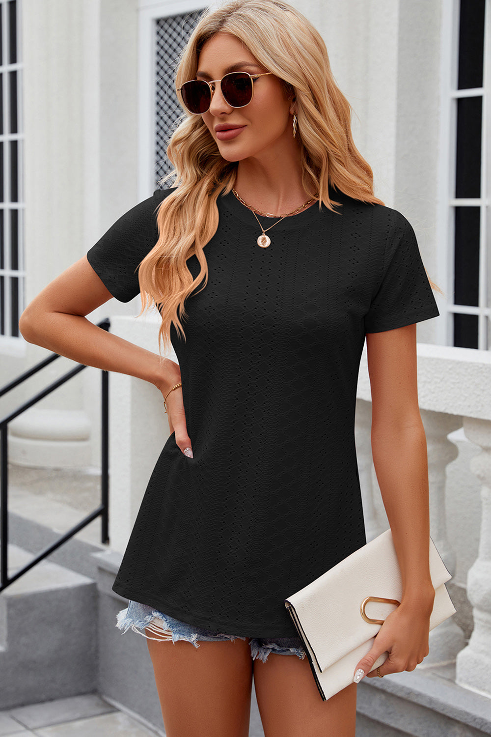 Eyelet Slit Round Neck Short Sleeve T-Shirt-Angel Casuals