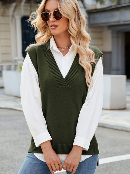 Side Slit V-Neck Sweater Vest-Angel Casuals