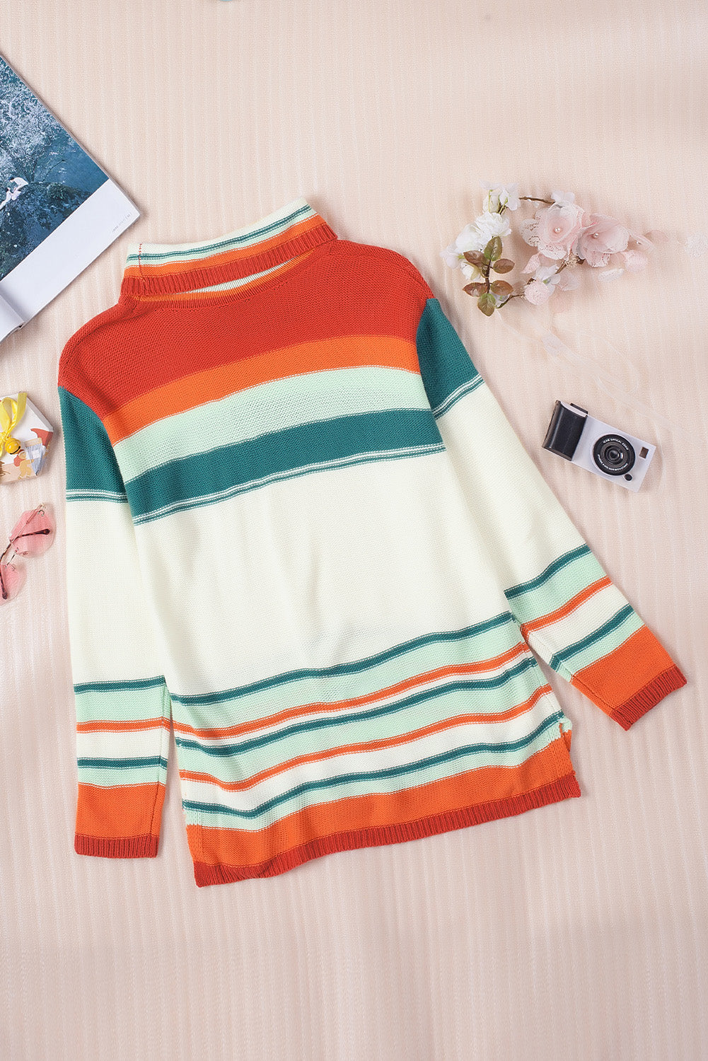 Contrast Striped Turtleneck Dropped Shoulder Sweater-Angel Casuals