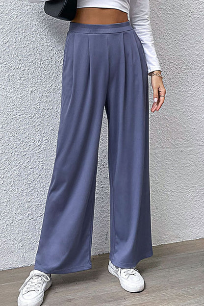 Pleated Detail Wide-Leg Pants with Pockets-Angel Casuals