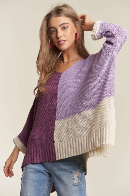 ADORA Side Slit Color Block Long Sleeve Sweater-Angel Casuals