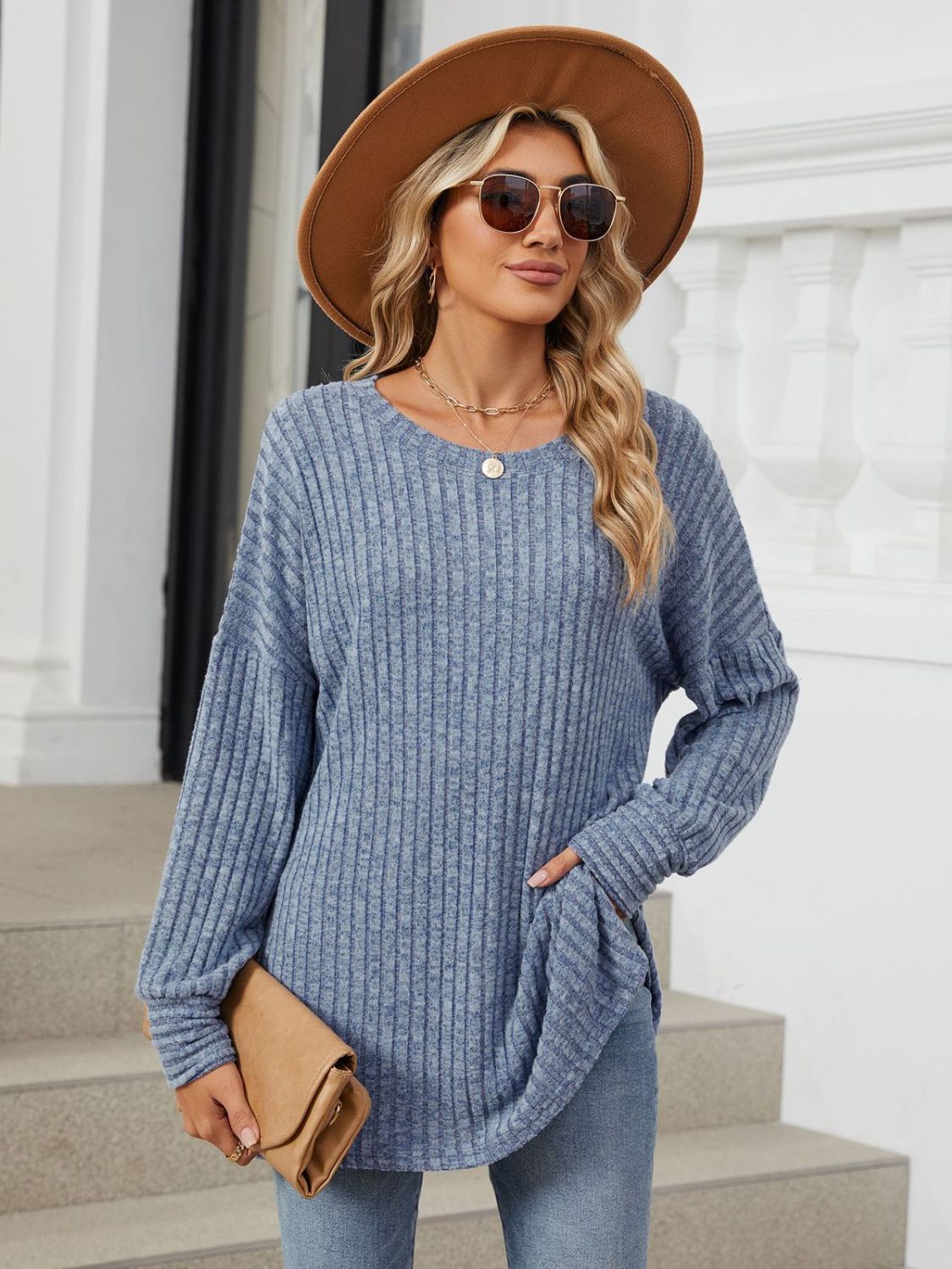 Ribbed Round Neck Long Sleeve T-Shirt-Angel Casuals