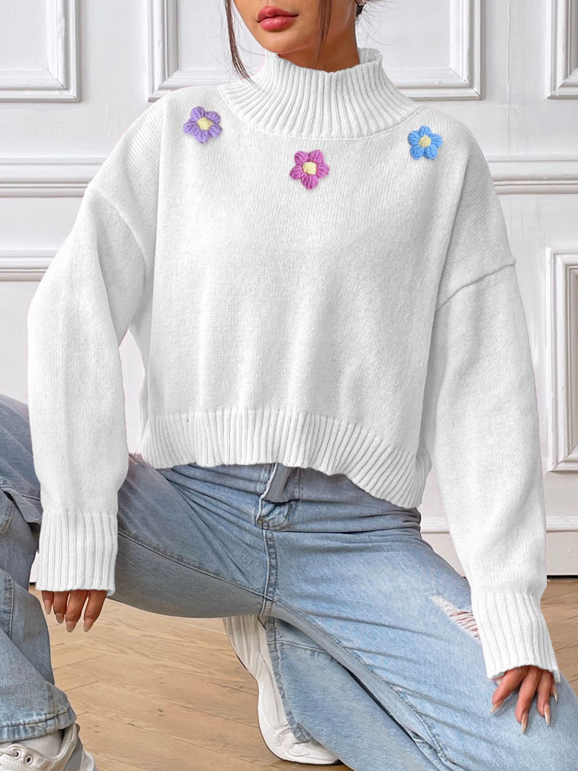 Flower Turtleneck Long Sleeve Sweater-Angel Casuals