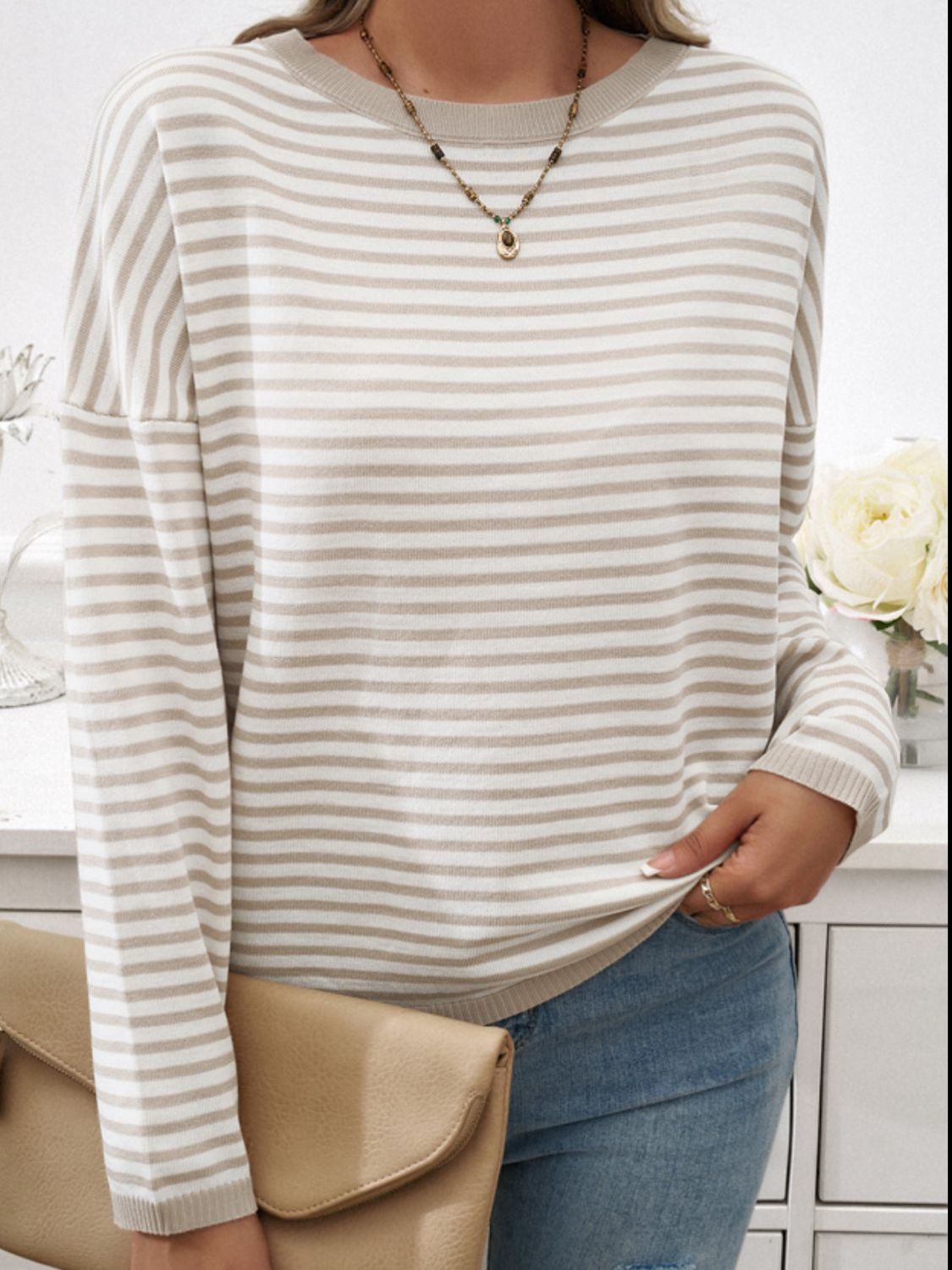 Devine Striped Round Neck Dropped Shoulder Sweater-Angel Casuals