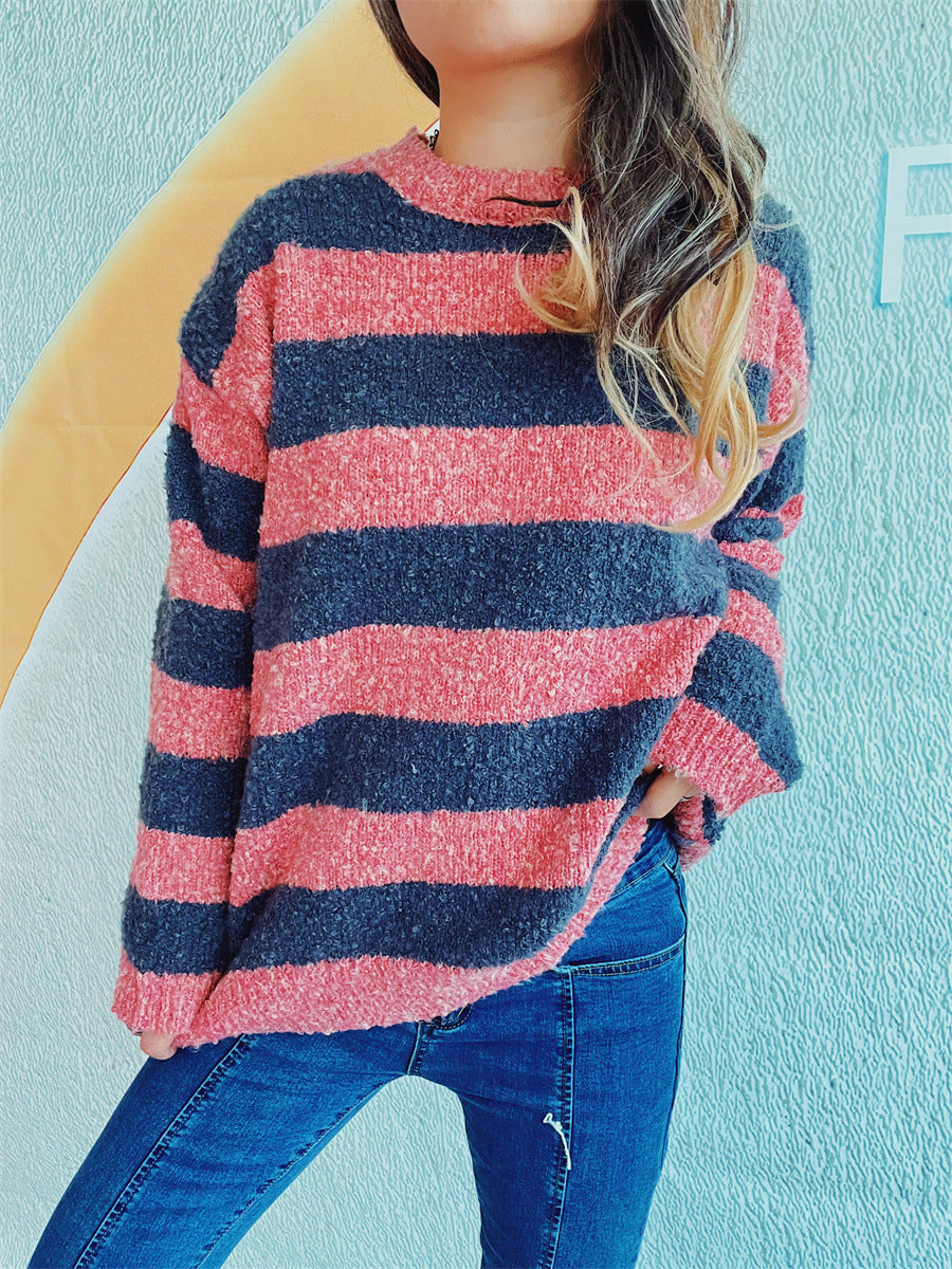 Striped Round Neck Long Sleeve Sweater-Angel Casuals