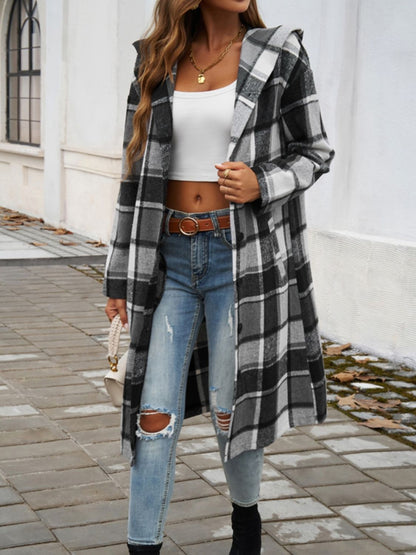 Devine Plaid Long Sleeve Hooded Coat-Angel Casuals