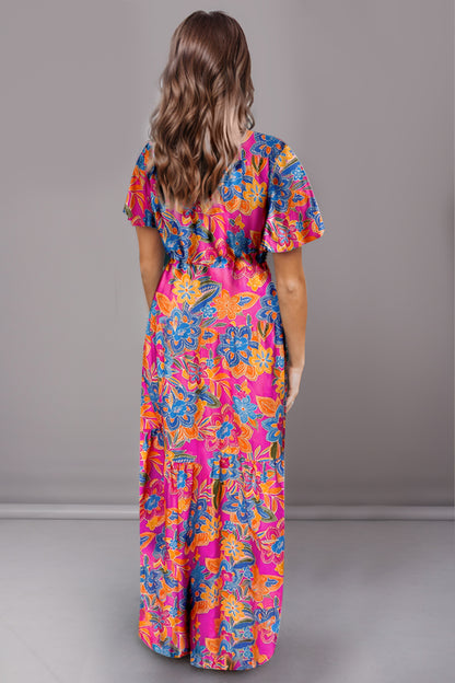 Printed Surplice Short Sleeve Maxi Dress-Angel Casuals