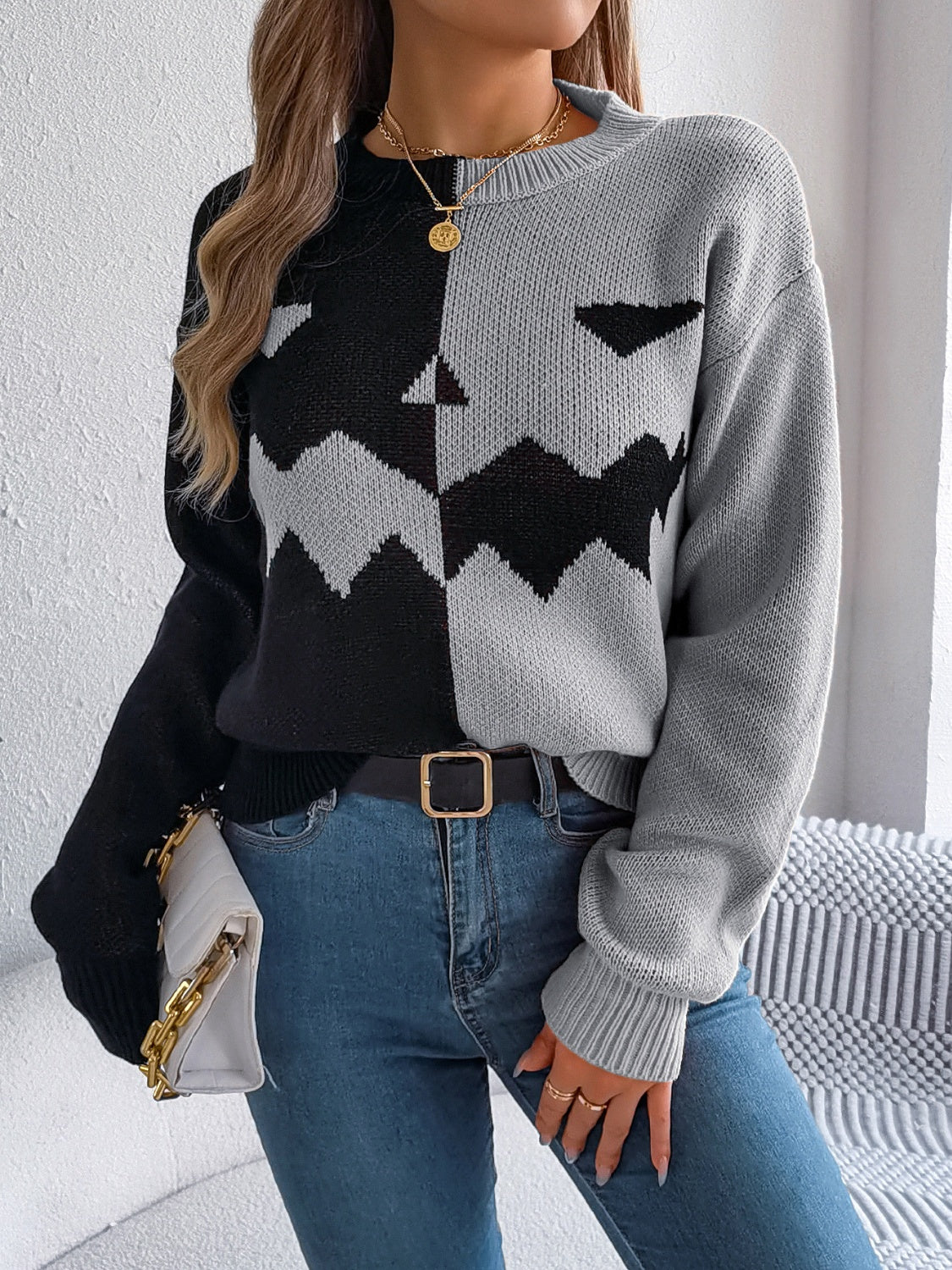 Contrast Round Neck Long Sleeve Sweater-Angel Casuals