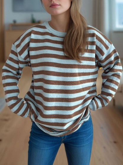 Distressed Striped Round Neck Long Sleeve Sweater-Angel Casuals