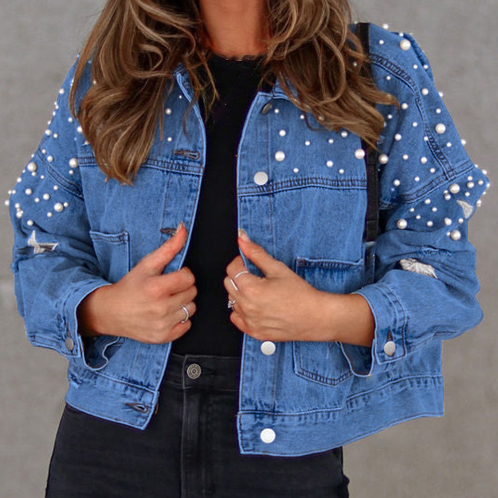 Bead Detail Denim Jacket-Angel Casuals