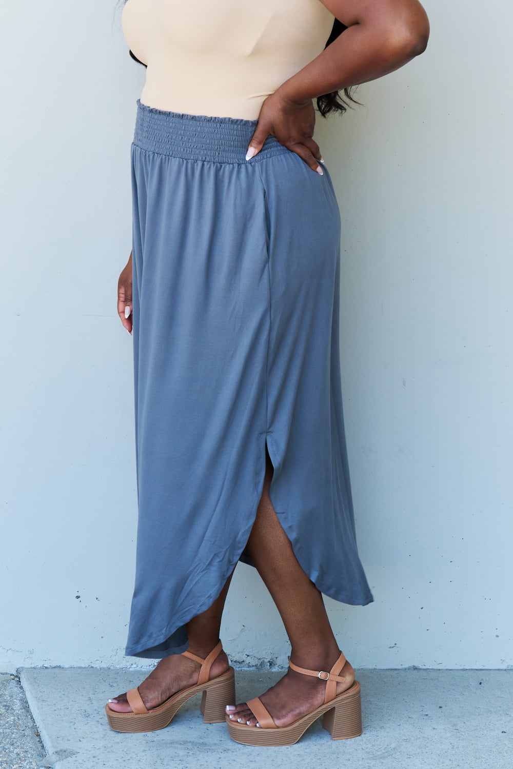 Doublju Comfort Princess Full Size High Waist Scoop Hem Maxi Skirt in Dusty Blue-Angel Casuals