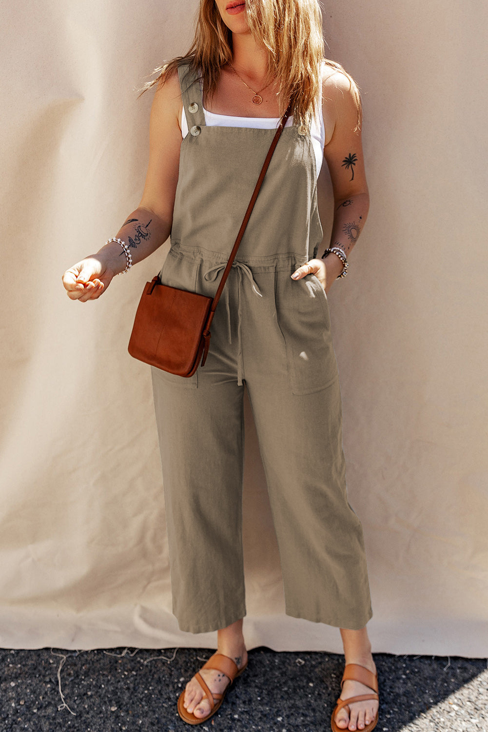 Drawstring Wide Strap Overalls with Pockets-Angel Casuals