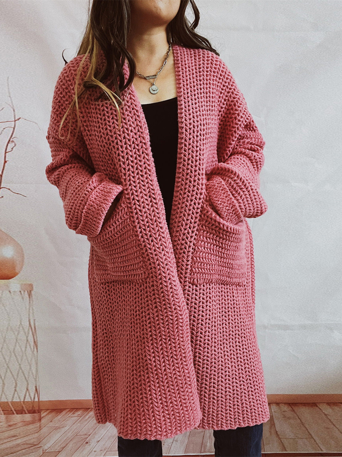 Open Front Long Sleeve Cardigan with Pockets-Angel Casuals