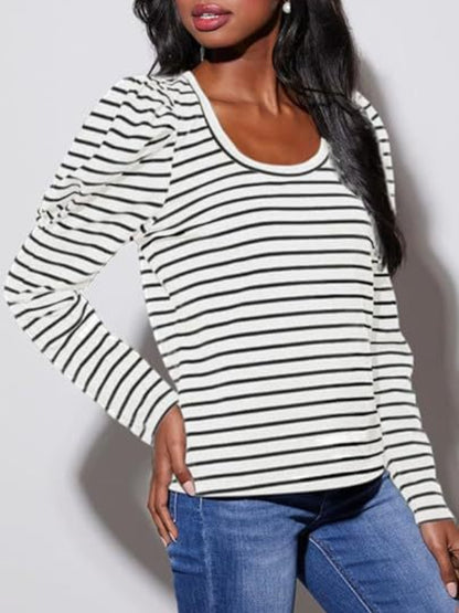 Striped Round Neck Long Sleeve T-Shirt-Angel Casuals