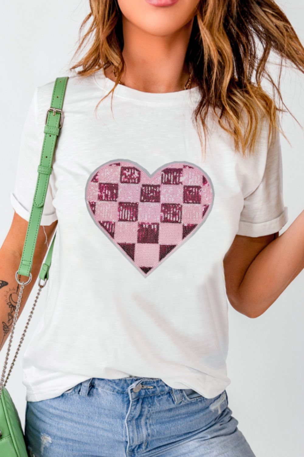 Sequin Checkered Heart Round Neck Short Sleeve T-Shirt-Angel Casuals
