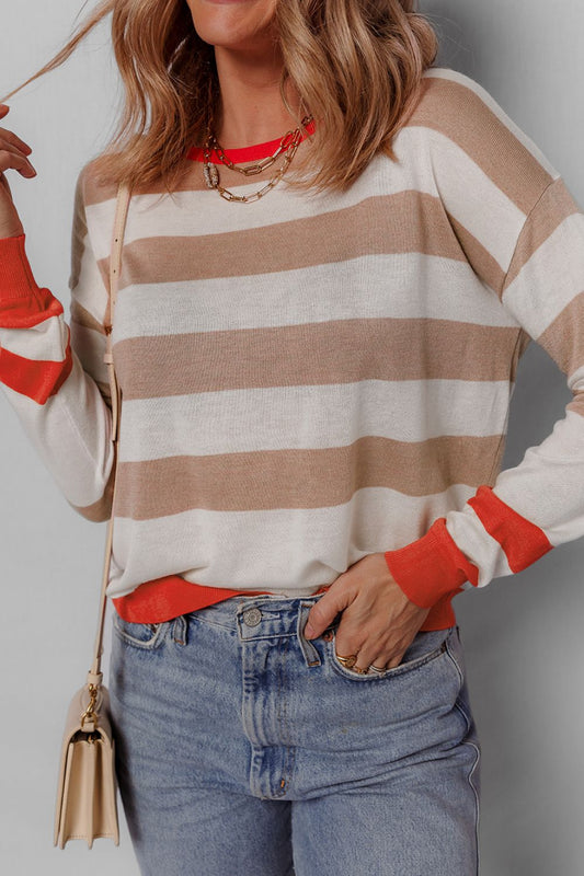 Contrast Striped Round Neck Drop Shoulder Knit Top-Angel Casuals