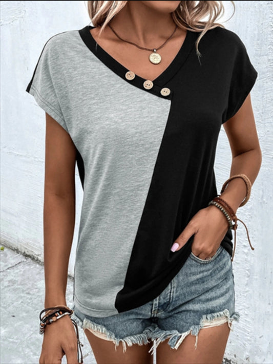 Contrast V-Neck Short Sleeve T-Shirt-Angel Casuals