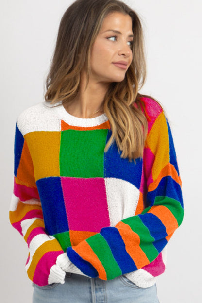 Color Block Round Neck Long Sleeve Sweater-Angel Casuals