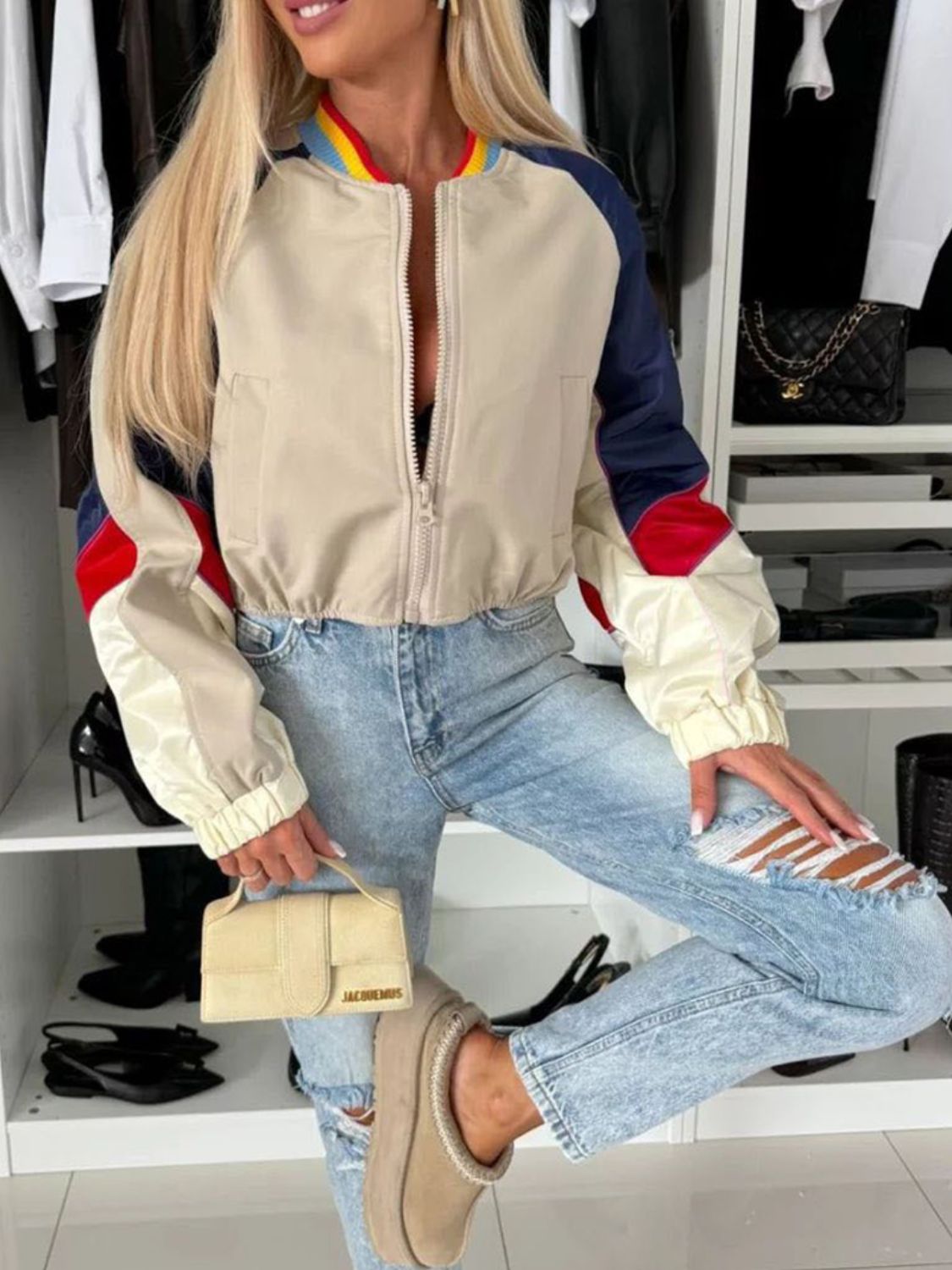Contrast Baseball Collar Zip Up Long Sleeve Jacket-Angel Casuals