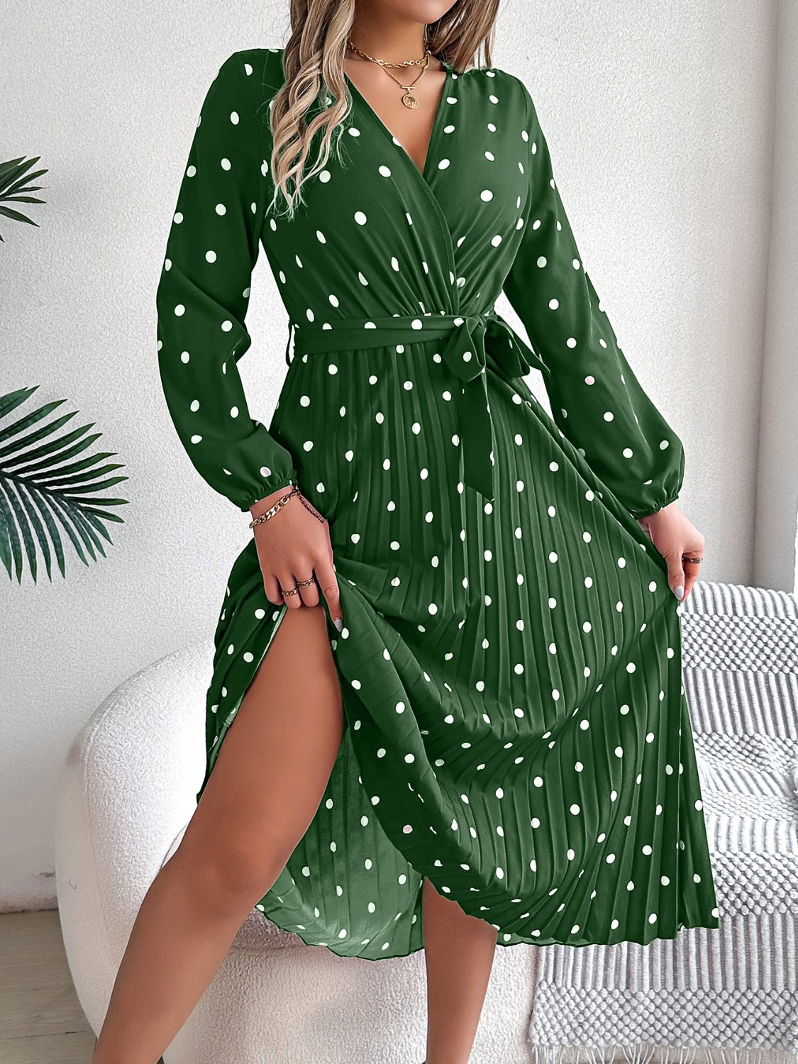 Tied Polka Dot Long Sleeve Midi Dress-Angel Casuals