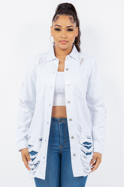 American Bazi Distressed Button Up Long Sleeve Denim Jacket-Angel Casuals