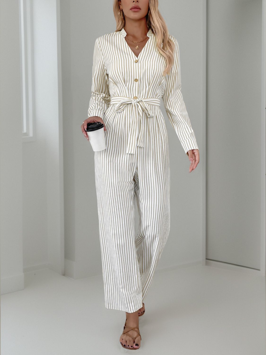 Striped Notched Long Sleeve Tie Waist Jumpsuit-Angel Casuals