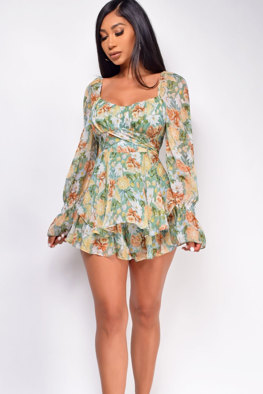 Floral Sweetheart Neck Flounce Sleeve Romper-Angel Casuals