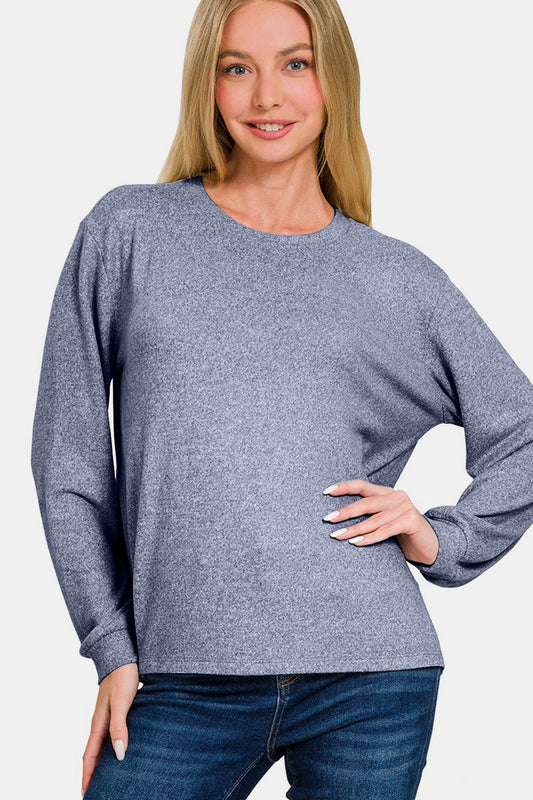 Zenana Hacci Round Neck Long Sleeve T-Shirt-Angel Casuals