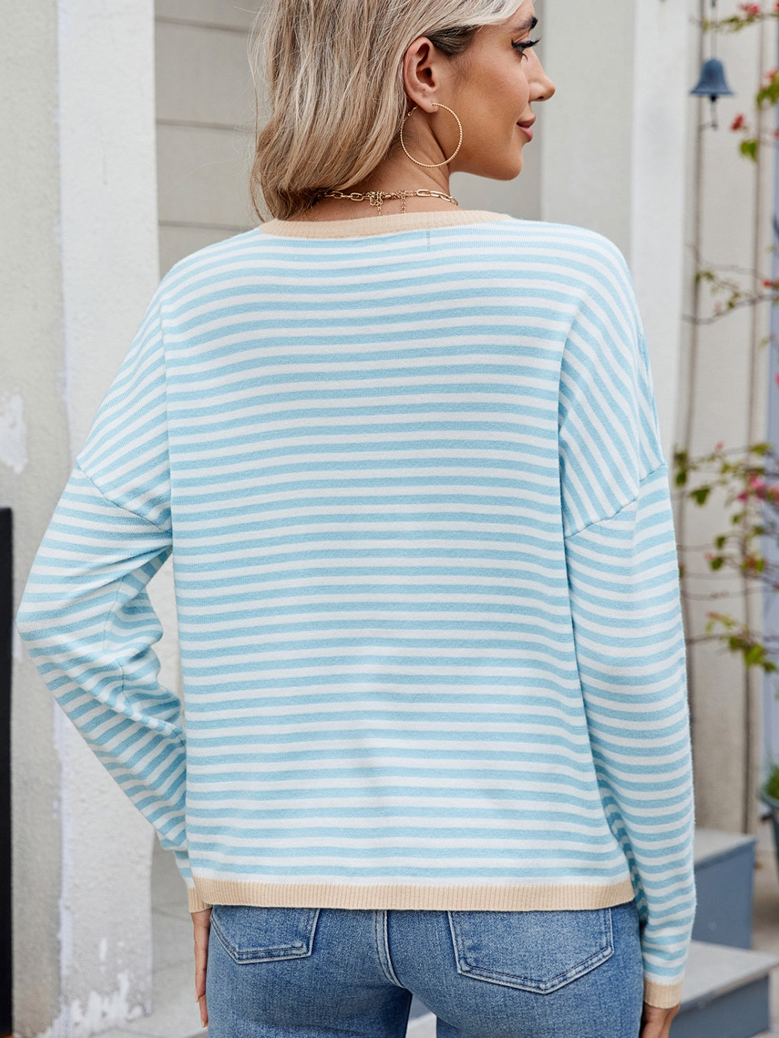 Striped Contrast Round Neck Long Sleeve Sweater-Angel Casuals